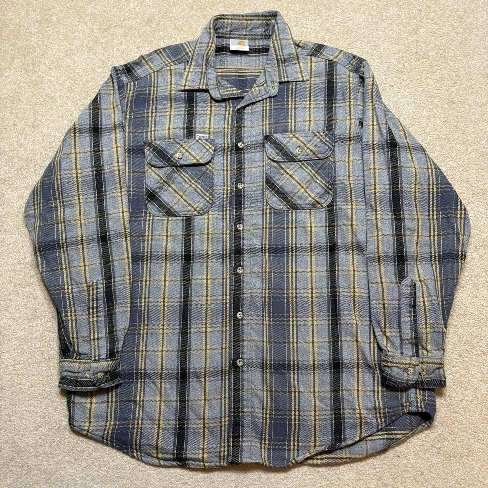 Vtg Carhartt Flannel Shirt‎ Mens XLT Gray Plaid Button Up Long Sleeve USA 90s